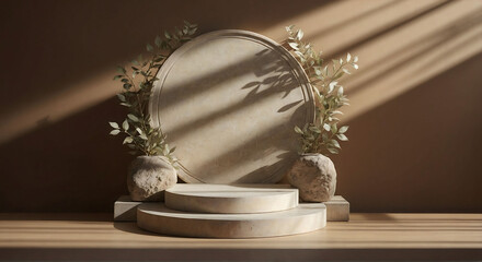 Wall Mural -  Stone product display podium with shadow nature leaves on brown background. 3D render style