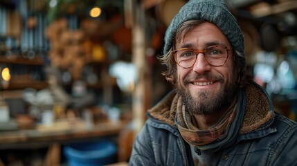 Wall Mural - Photo portrait of young happy carpenter while working in his workshop.