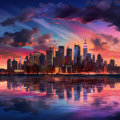 Wall Mural - City skyline at twilight with vibrant lights. 