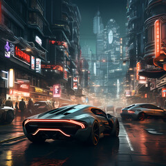 Canvas Print - Cyberpunk street scene with futuristic vehicles.