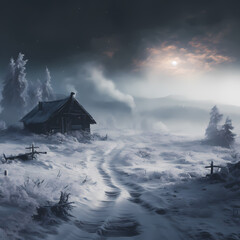 Wall Mural - Frozen winter landscape with a solitary cabin.