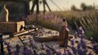 A rustic, woodencapped perfume bottle, on a workbench amidst a blooming lavender field, capturing the essence of craftsmanship and the earth low noise