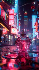 Wall Mural - A neonbright, angular perfume bottle, in the vibrant, pulsating heart of a city at night, alive with energy and the promise of untold stories hyper realistic