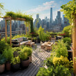 Urban rooftop garden with city views.