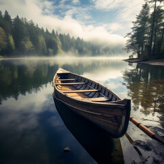 Sticker - Wooden rowboat on a calm lake. 