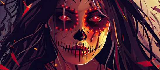 Sticker - A woman with a jawdropping skull art on her face and striking red eyes is a fictional character at an entertainment event. Her electric blue flesh and long eyelashes add to the darkness of the scene