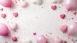 border frame of pink and white balloons with hearts celebration with white  textured background space in the center 