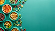 © road to millionaire - Array of colorful cereal rings scattered on a green background, ideal for an inviting banner with blank space
