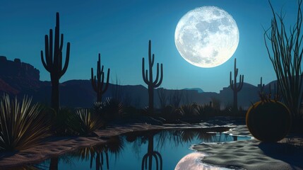 Wall Mural - a peaceful desert scene, with cacti silhouettes under a bright moon.