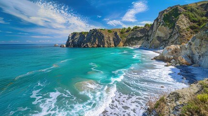 Wall Mural - A picturesque coastal scene with rugged cliffs overlooking a turquoise sea, waves gently crashing against the shore, and a clear blue sky overhead.