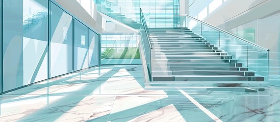 Poster - A modern building with a glass railing staircase and numerous windows providing views of the lush greenery outside, including trees, grass, and an aqua facade