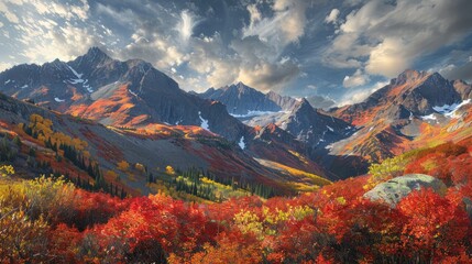 Wall Mural - A scenic panorama of a mountain range in the fall, where the play of light and shadow enhances the vivid reds, oranges, and yellows of the foliage.