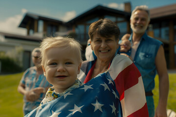 Happy loving family with seniors and baby holding American USA Flag draped over shoulders on backyard of typical American house at sunny day. Family celebrates 4 July Independence Day