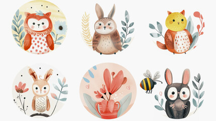 Six whimsical illustrations of forest animals including a fox, rabbit, two owls, a bumblebee, and a skunk among foliage.