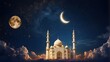 Picture a serene night landscape with a crescent moon illuminating the sky