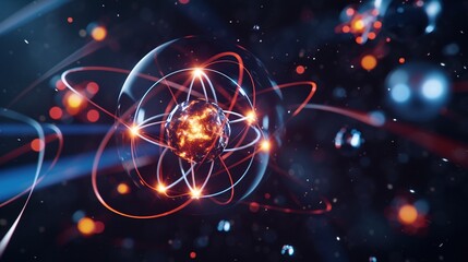 Wall Mural - Concept of a close-up image of an atom model for nuclear energy. Sci-fi color background. Generative AI
