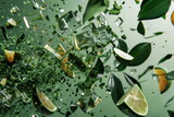Fototapeta  - Lime, ice and green tea  pieces floating  in air shot, green background, Refreshing and tasty