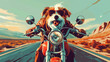 © khonkangrua - Illustration of a joyful dog riding a motorcycle on a desert road, feeling of freedom and adventure.