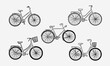 Set of isolated vector bike sketch. Retro or vintage bicycle. Old man and woman sport and countryside vehicle. Hand drawn engraved transport. Wheel transport pencil drawing. Traveling and riding