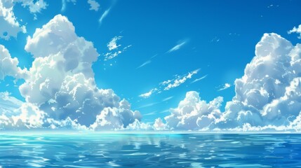 anime background with calm sea under blue sky and white clouds. japanese cartoon background.