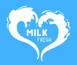 Milky heart shape splash. Cartoon dairy product splash label, fresh milk splash, milk flow splatter flat vector illustration. Cow or goat milk logo with lettering