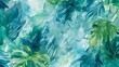 A flowing watercolor pattern with abstract shapes inspired by tropical leaves in various shades of green and blue 