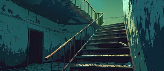 Poster - A set of steel stairs with a metal handrail leads up to the glass facade of the building in the city. The triangular shape adds a modern touch to the architecture, perfect for any event