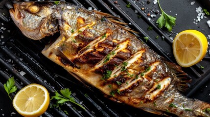 Wall Mural - Whole grilled fish with crispy skin, served with a simple lemon wedge