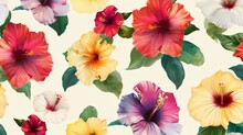 A Seamless Pattern Featuring Vibrant Hibiscus Flowers In Various Colors And Stages Of Bloom, Scattered Across A Light Background.summer Concept.