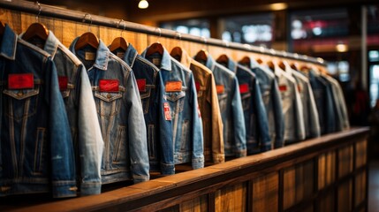 Wall Mural - A diverse collection of vintage denim jackets displayed on a store rack 