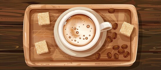 Wall Mural - A circle of coffee rests on a wooden tray, crafted from hardwood with a rich wood stain. The tray features a pattern of rectangles and circles, resembling automotive lighting with a sleek design