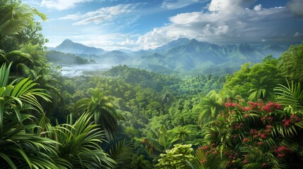 Wall Mural - Capture a breathtaking panoramic view of a tropical landscape with lush greenery and bursts of colorful flowers.