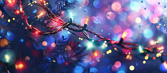 Canvas Print - A vibrant display of Christmas lights in electric blue, magenta, and violet hues illuminating a tree, creating a festive atmosphere