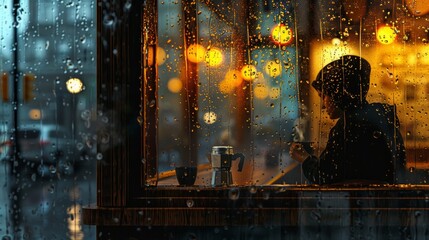 A cozy coffee shop window with warm light spilling out onto a rainy street. A person sits inside with a steaming cup, peering out through the rain-streaked glass.