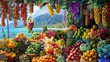A bustling market stall overflowing with vibrant tropical flowers and exotic fruits, creating a colorful and energetic atmosphere.