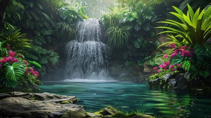 Wall Mural - A hidden waterfall cascading into a crystal-clear pool, surrounded by lush greenery and vibrant tropical flowers blooming in the mist.