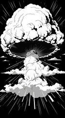 Canvas Print - Hand drawn cartoon exploding mushroom cloud black and white illustration
