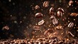 Brown roasted coffee beans falling on pile. Represent breakfast, energy, freshness or great aroma,Flying on dark background with copy space,