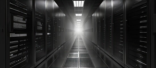 Poster - a blackandwhite photo of a server room with a grey rectangle automotive light casting a parallel bea