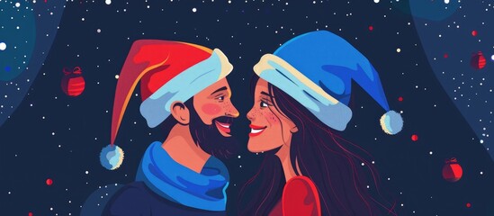 Poster - A man and a woman, wearing Santa hats, exchange smiles and gestures at an event. The electric blue caps add fun and entertainment to the world