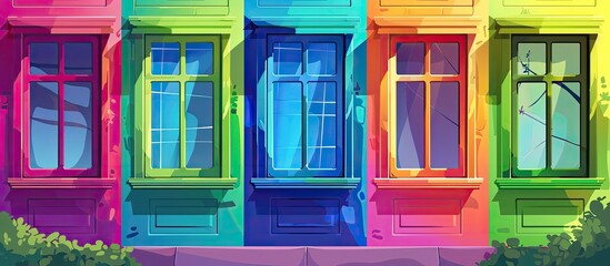 Wall Mural - A row of rectangular buildings with rainbowcolored windows and doors, showcasing a colorful display of art and paint on the magenta facade