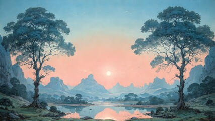 Wall Mural - Landscape with pine trees and mountains at sunset. Digital painting.