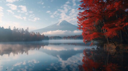 Wall Mural - Colorful autumn season at Lake Kawaguchiko with morning fog 