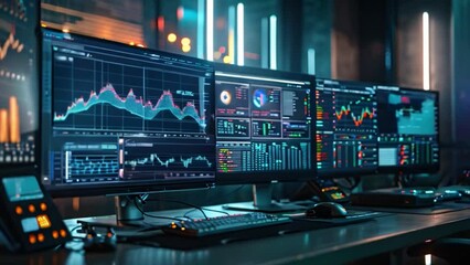 Wall Mural - A graph and chart showing the stock market business concept at night on a table, along with a candlestick chart in the office	