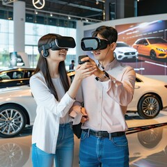 Poster - A couple taking a virtual reality tour of various car models in the showroom. 