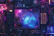 Vintage and modern audio equipment arrayed amidst a vibrant cosmic background with galaxies and stars