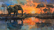 Elephant by forest waterhole, pastel watercolor, serene sunset
