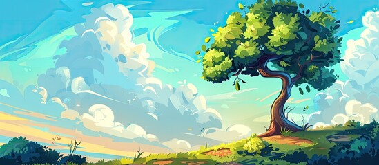 Wall Mural - An art piece depicting a tree standing majestically on a grassy hill, with fluffy clouds floating in the sky as part of the natural landscape