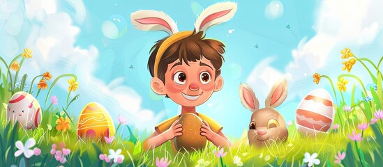 Sticker - A happy boy wearing bunny ears is smiling while holding an Easter egg in a meadow. The cartoonlike scene shows people in nature sharing joy and art in the grassy field