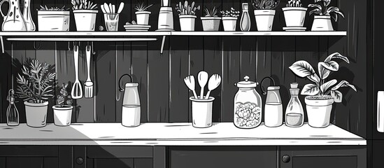 Wall Mural - A black and white photograph of a kitchen counter with potted plants, utensils, drinkware, and shelving. The monochrome image captures the rooms rustic wood textures and rectangular shapes